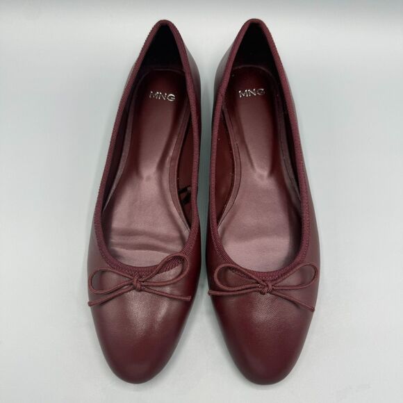 Mango MNG Bow Leather Ballet Flats Burgundy Women Size 36/US 6 - Picture 1 of 9